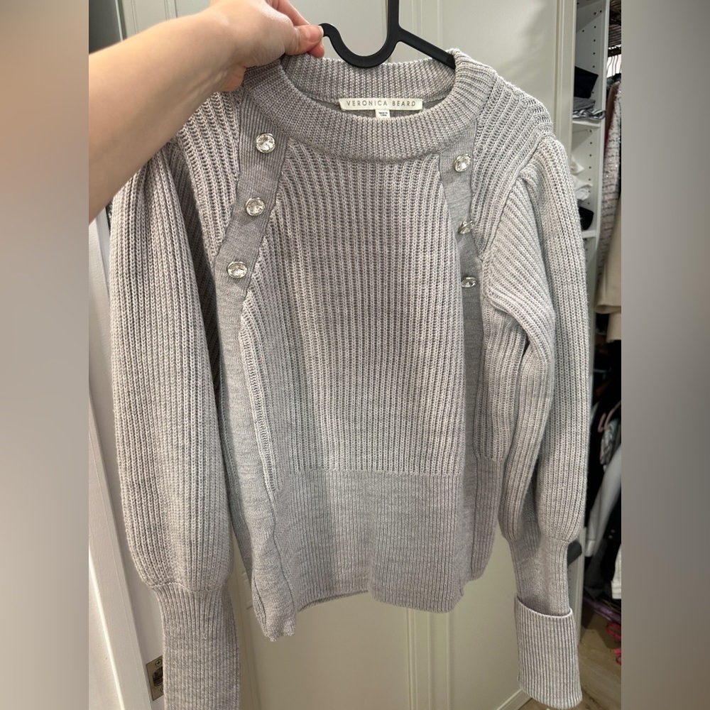 Veronica Beard Gray Sweater with jewel buttons, 100% Marino wool. Size small